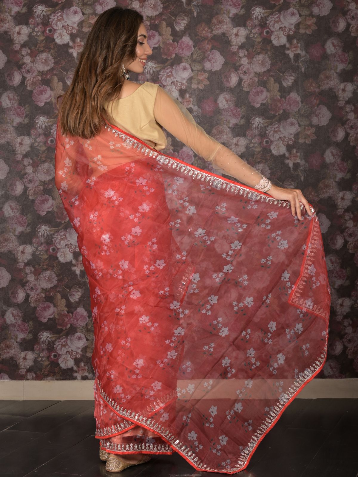 Odette Red Floral Printed Embroidered Organza Saree with Unstitched Blouse for Women