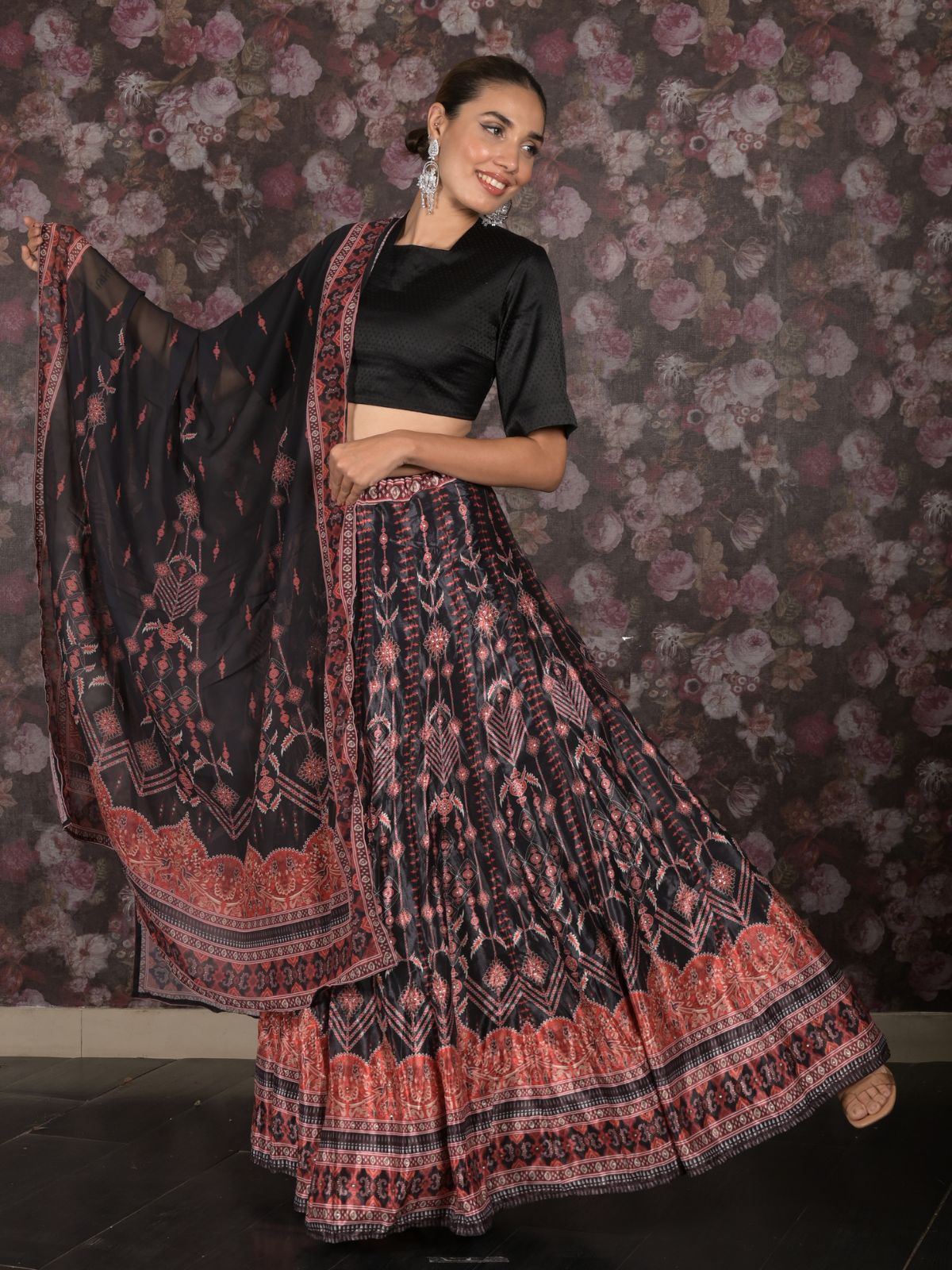 Odette Black Printed Semi Stitched Crepe Lehenga with Unstitched Blouse And Dupatta For Women