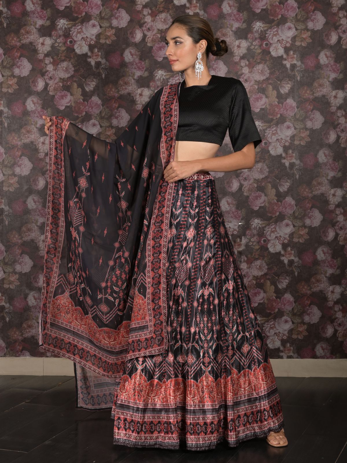 Odette Black Printed Semi Stitched Crepe Lehenga with Unstitched Blouse And Dupatta For Women