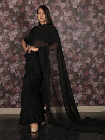 Odette Black Georgette Sequins Saree with Unstitched Blouse & Belt for Women