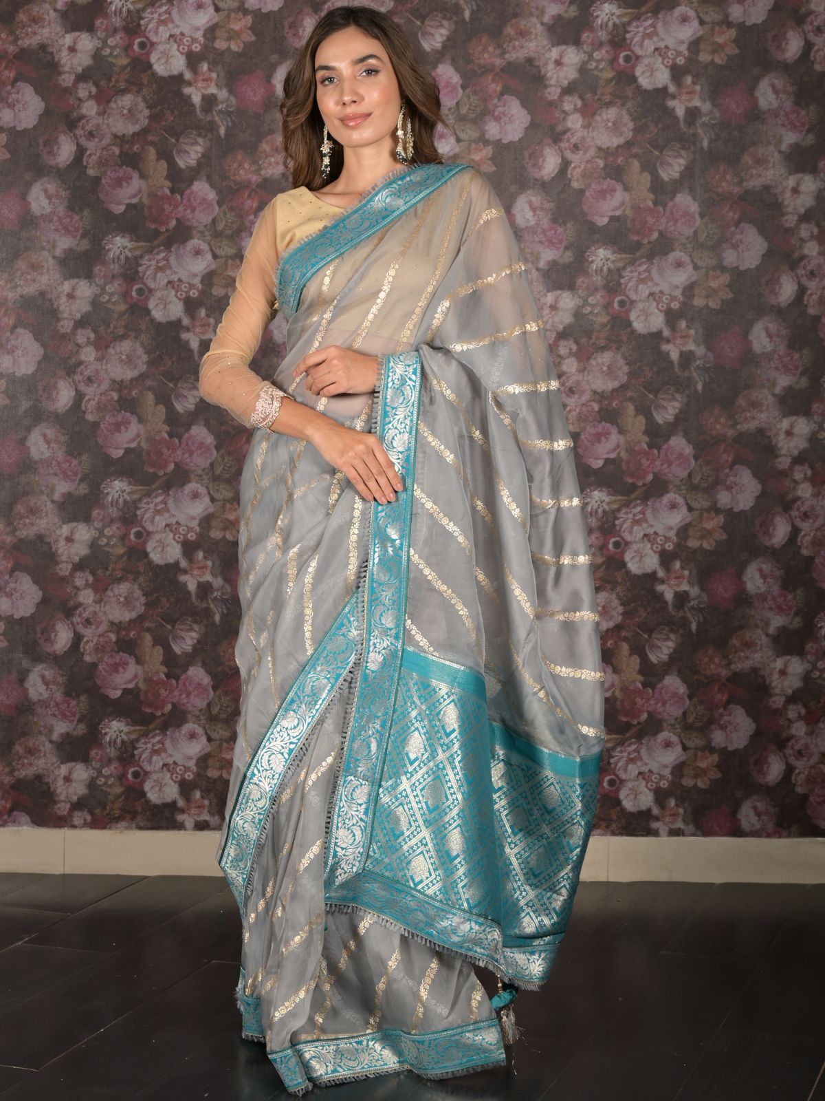 Odette Grey Printed Soft Net Saree with Unstitched Blouse for Women