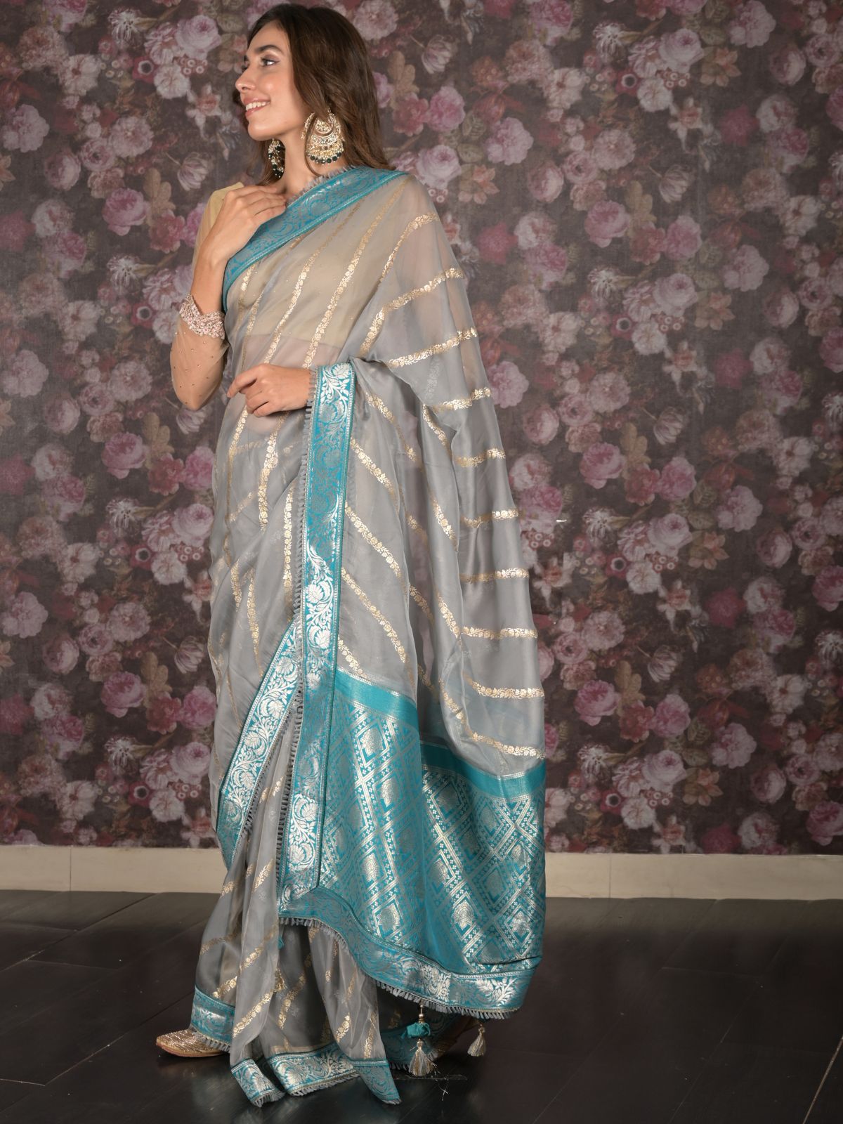 Odette Grey Printed Soft Net Saree with Unstitched Blouse for Women