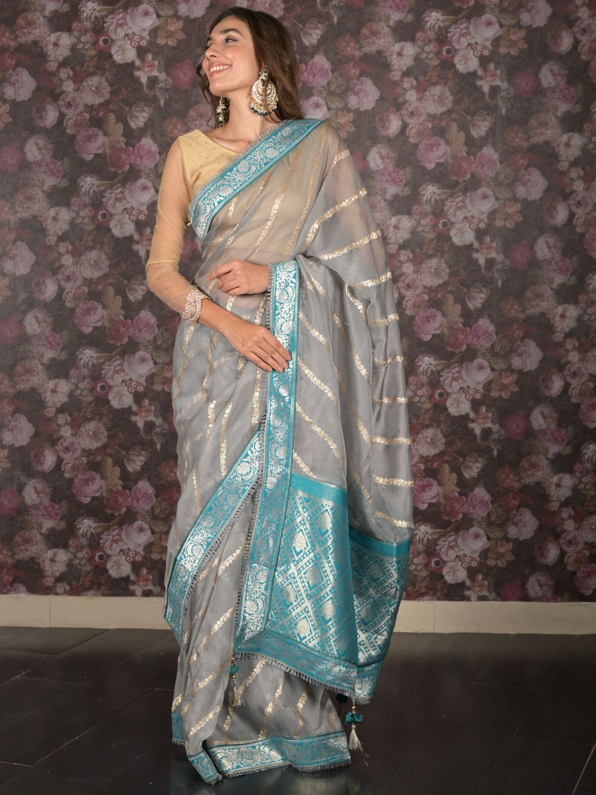 Odette Grey Printed Soft Net Saree with Unstitched Blouse for Women