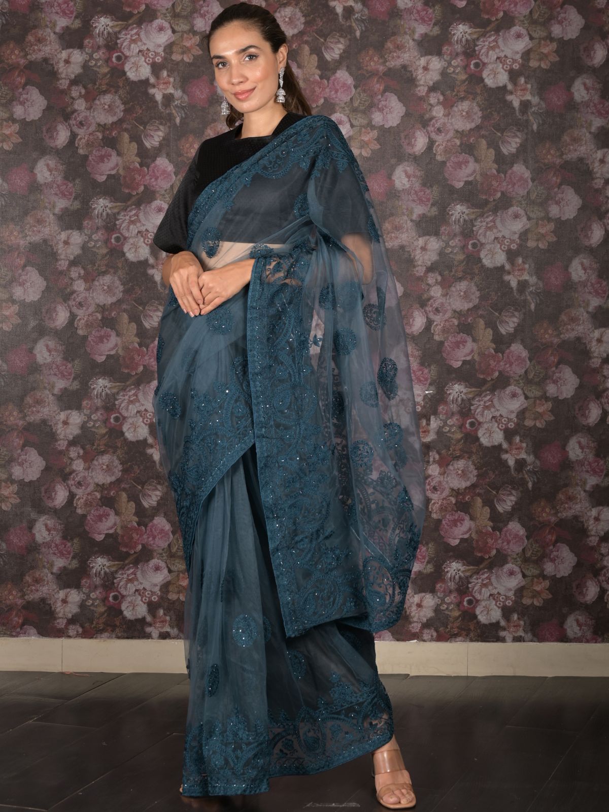 Odette Teal Embroidered Net Saree with Unstitched Blouse for Women