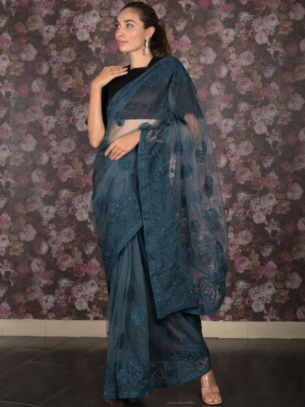 Odette Teal Embroidered Net Saree with Unstitched Blouse for Women