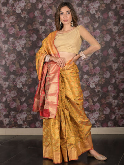 Odette Mustard Silk Blend Woven Saree with Unstitched Blouse for Women