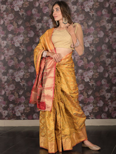 Odette Mustard Silk Blend Woven Saree with Unstitched Blouse for Women