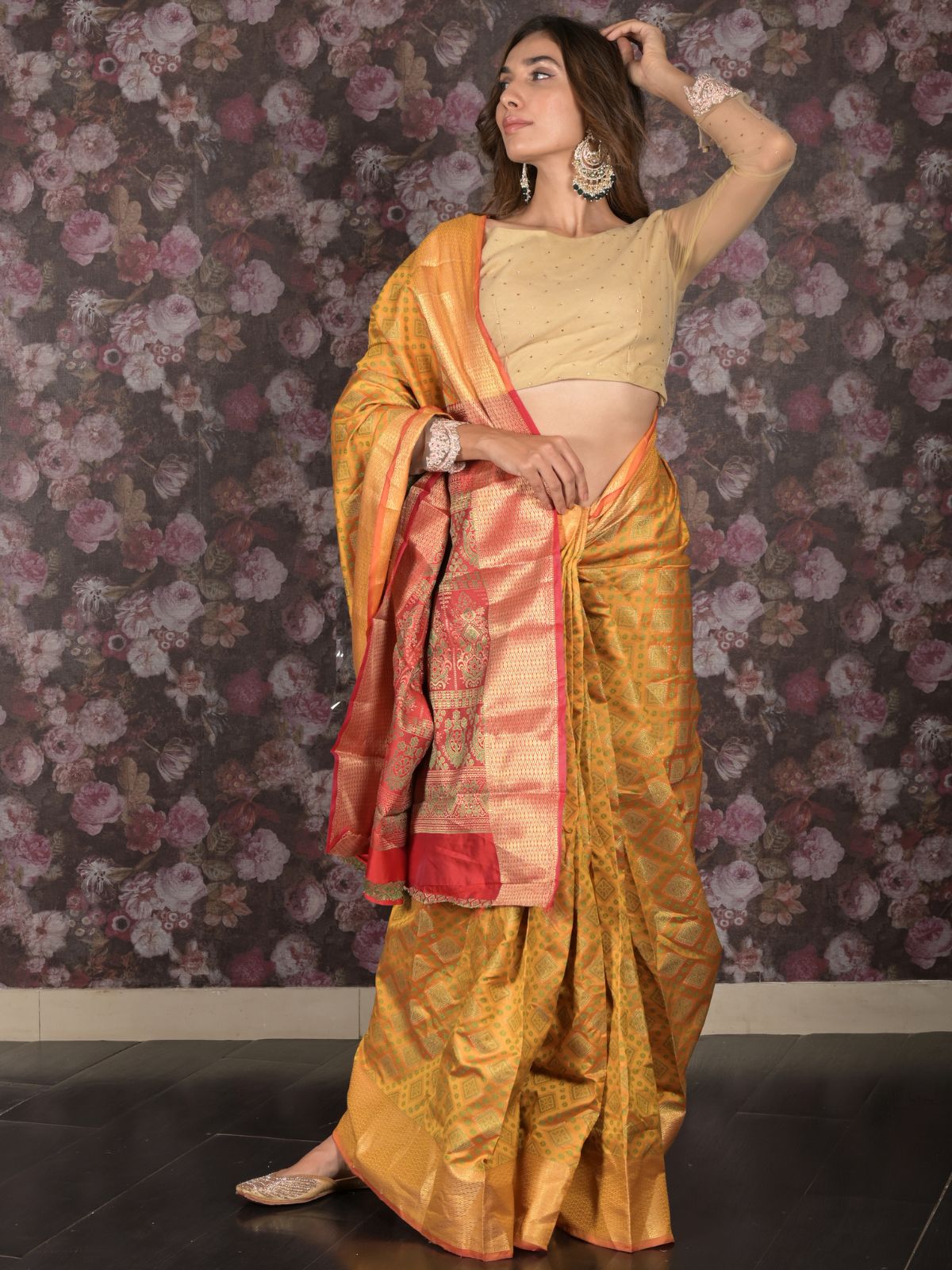 Odette Mustard Silk Blend Woven Saree with Unstitched Blouse for Women