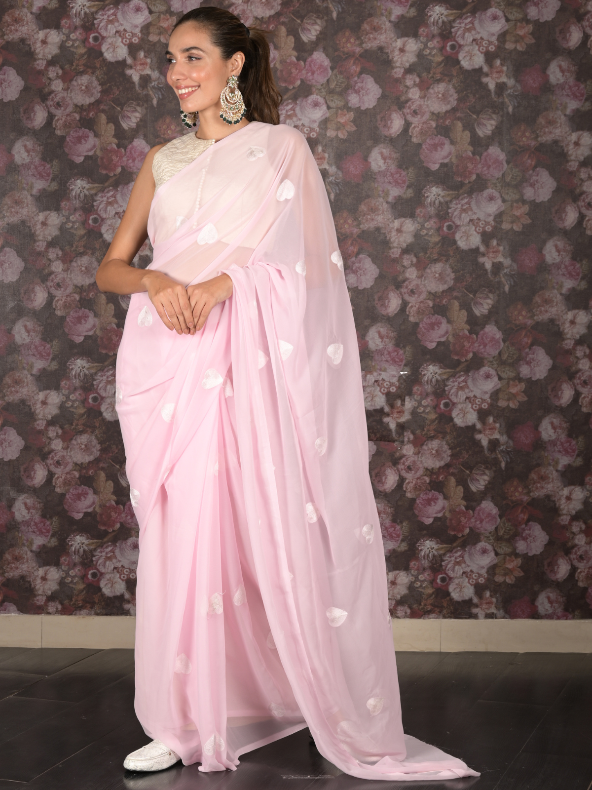 Odette Pink Heart Shape Embroidered Georgette Saree with Unstitched Blouse for Women