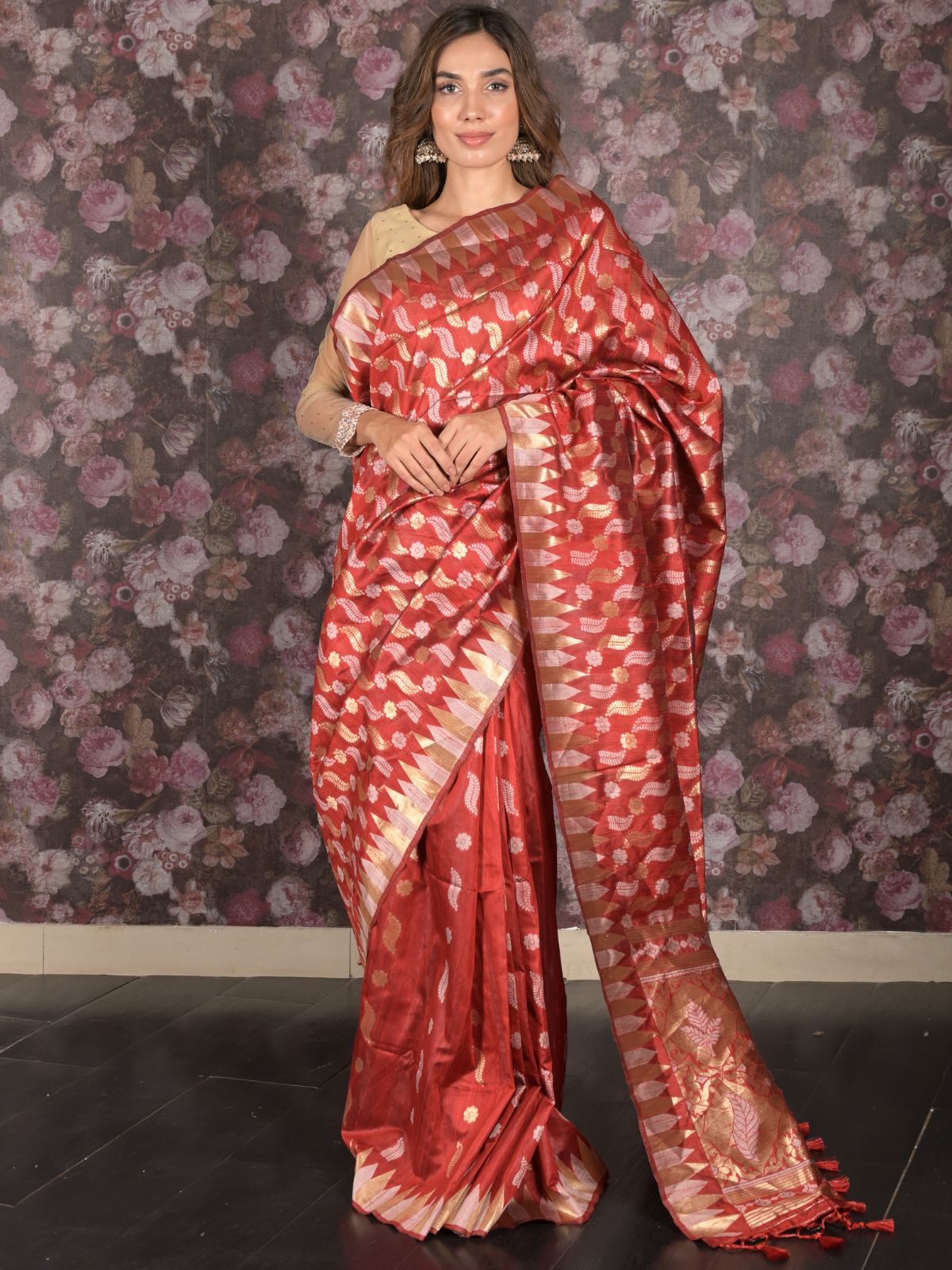 Odette Red Cotton Blend Woven Saree with Unstitched Blouse for Women