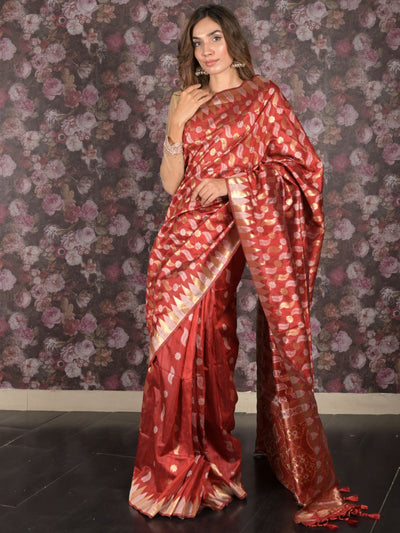 Odette Red Cotton Blend Woven Saree with Unstitched Blouse for Women