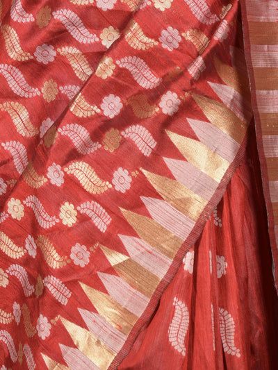 Odette Red Cotton Blend Woven Saree with Unstitched Blouse for Women