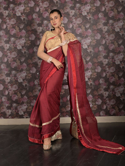 Odette Maroon Embroidered Georgette Saree Without Blouse For Women