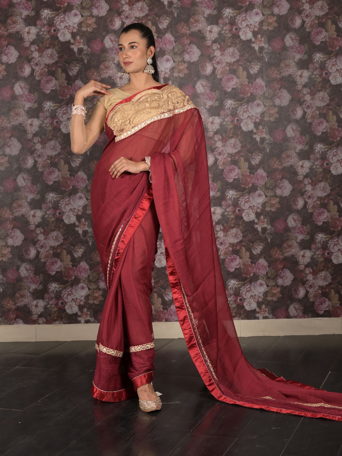 Odette Maroon Embroidered Georgette Saree Without Blouse For Women