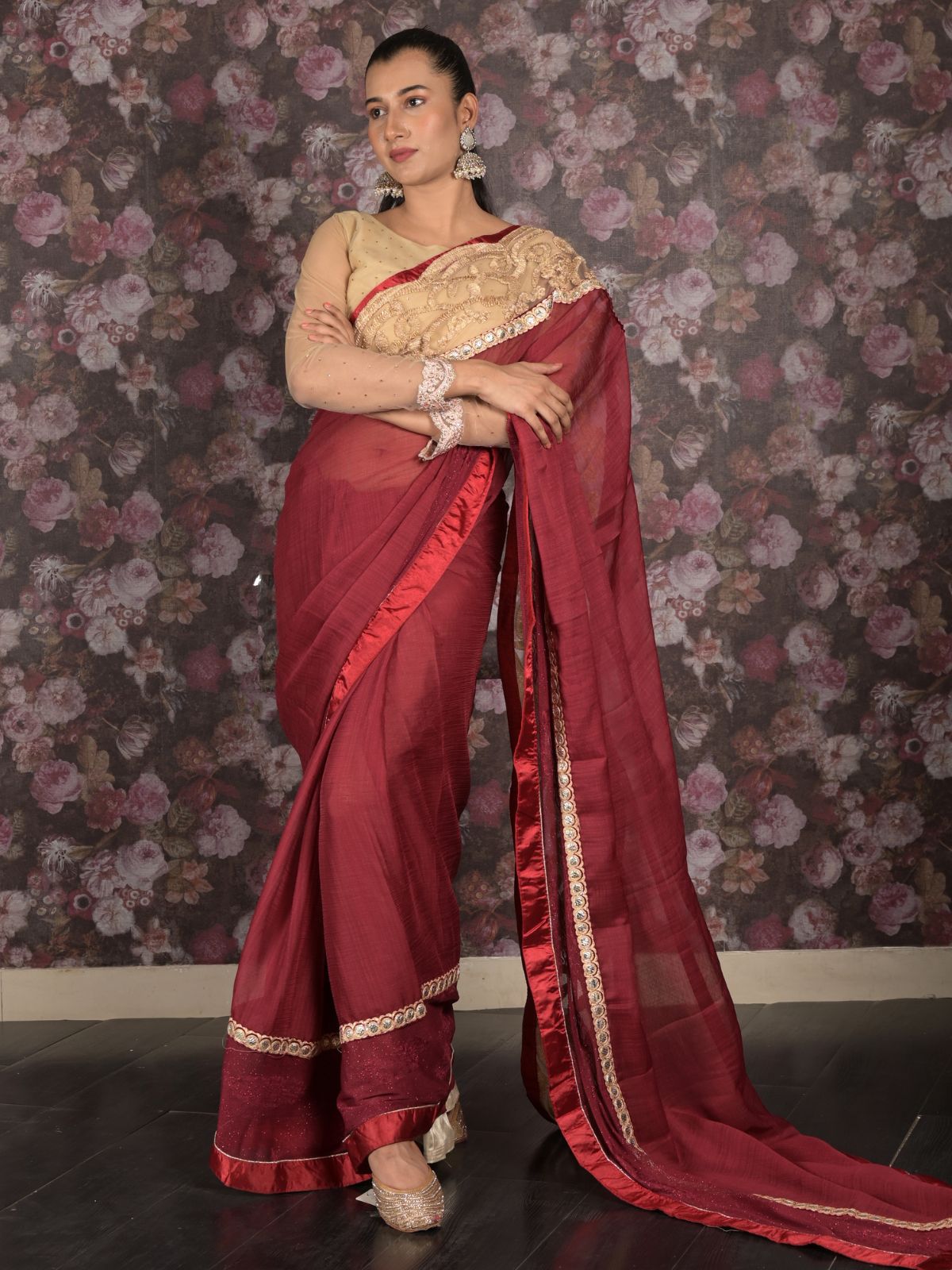 Odette Maroon Embroidered Georgette Saree Without Blouse For Women