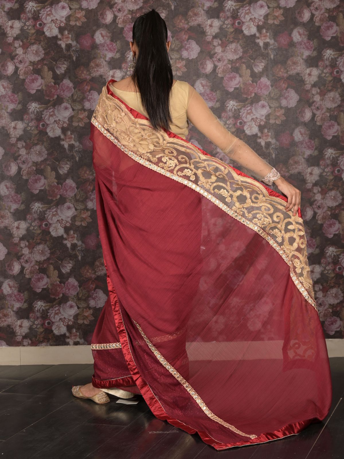 Odette Maroon Embroidered Georgette Saree Without Blouse For Women