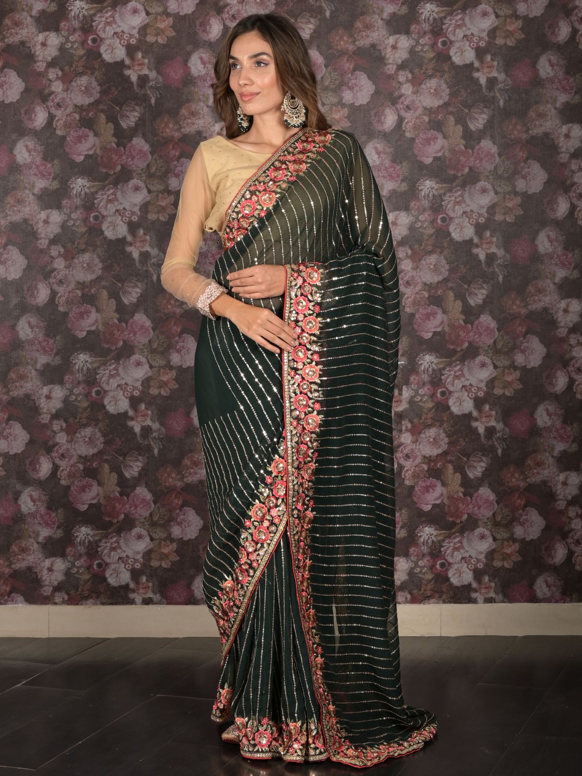 Odette Dark Green Sequins Embroidered Georgette Saree with Unstitched Blouse