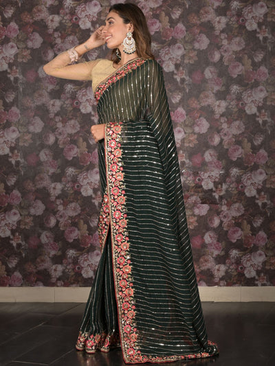 Odette Dark Green Sequins Embroidered Georgette Saree with Unstitched Blouse