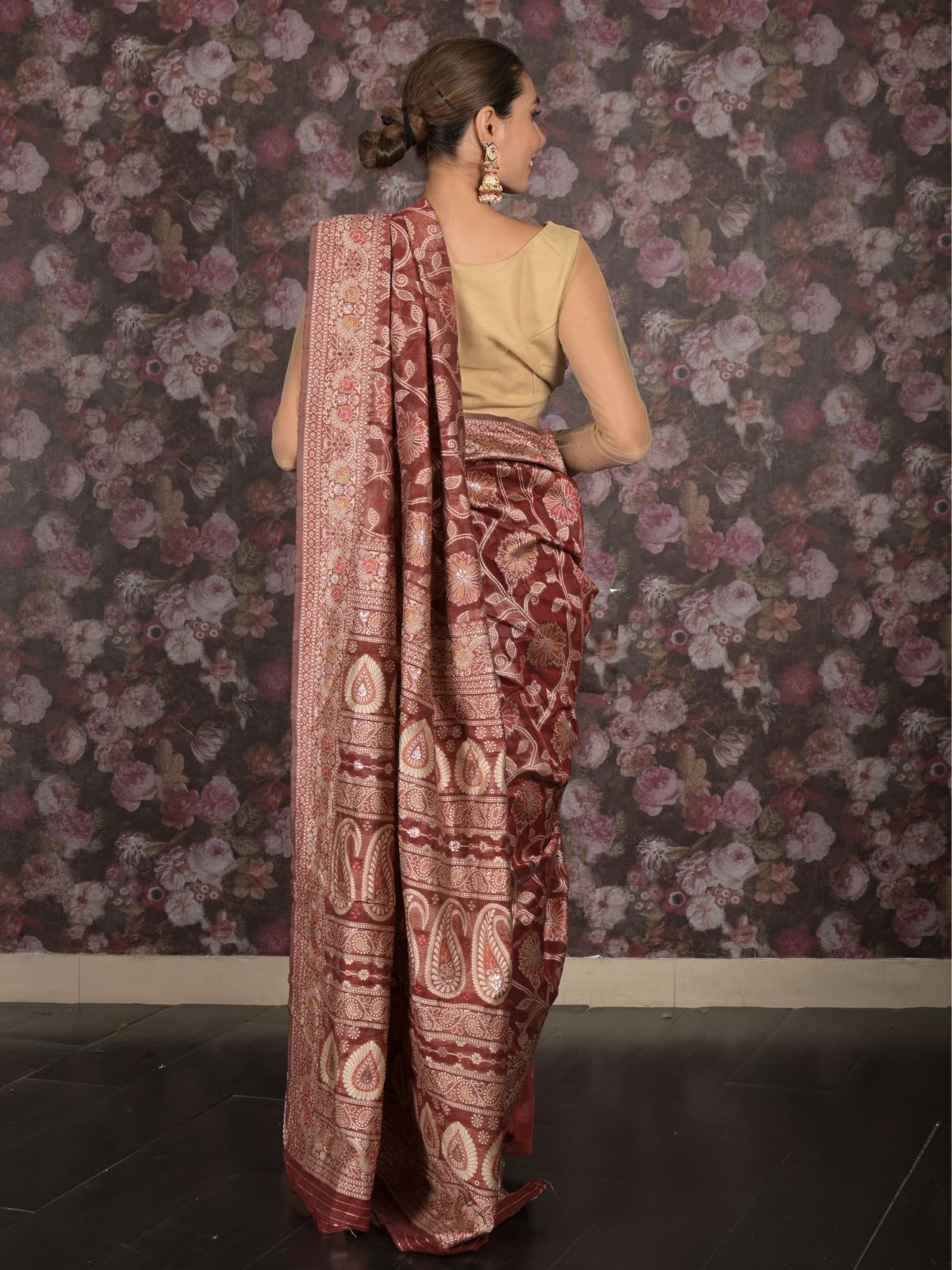 Odette Brown Cotton Blend Woven Saree with Unstitched Blouse for Women