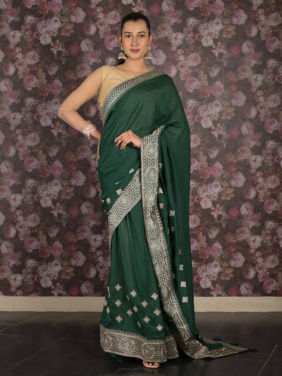 Odette Green Embroidered Gerogette Saree with Unstitched Blouse for Women