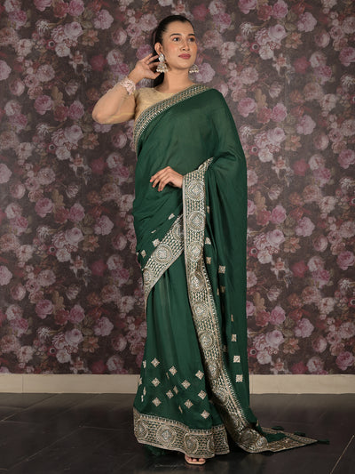 Odette Green Embroidered Gerogette Saree with Unstitched Blouse for Women