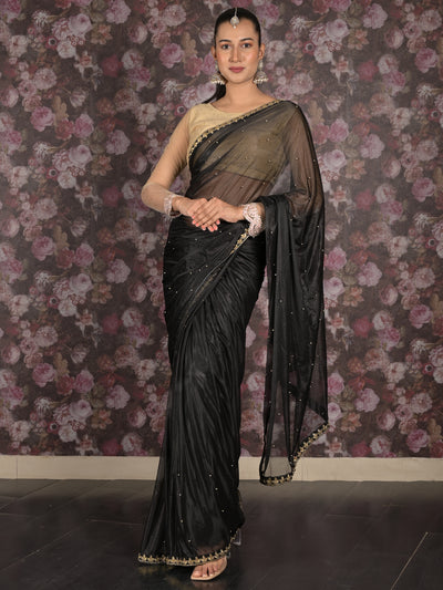 Odette Black Embroidered Satin Saree With Unstitched Blouse For Women