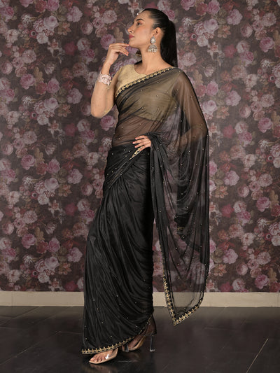 Odette Black Embroidered Satin Saree With Unstitched Blouse For Women