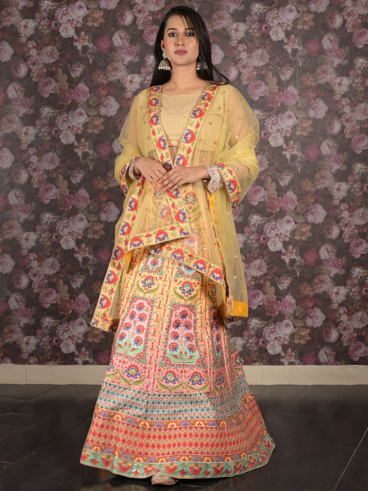 Odette Yellow Heavy Printed Embroidered Silk Blend Semi-Stitched Lehenga with Unstitched Blouse for Women