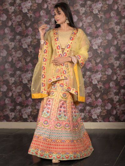 Odette Yellow Heavy Printed Embroidered Silk Blend Semi-Stitched Lehenga with Unstitched Blouse for Women