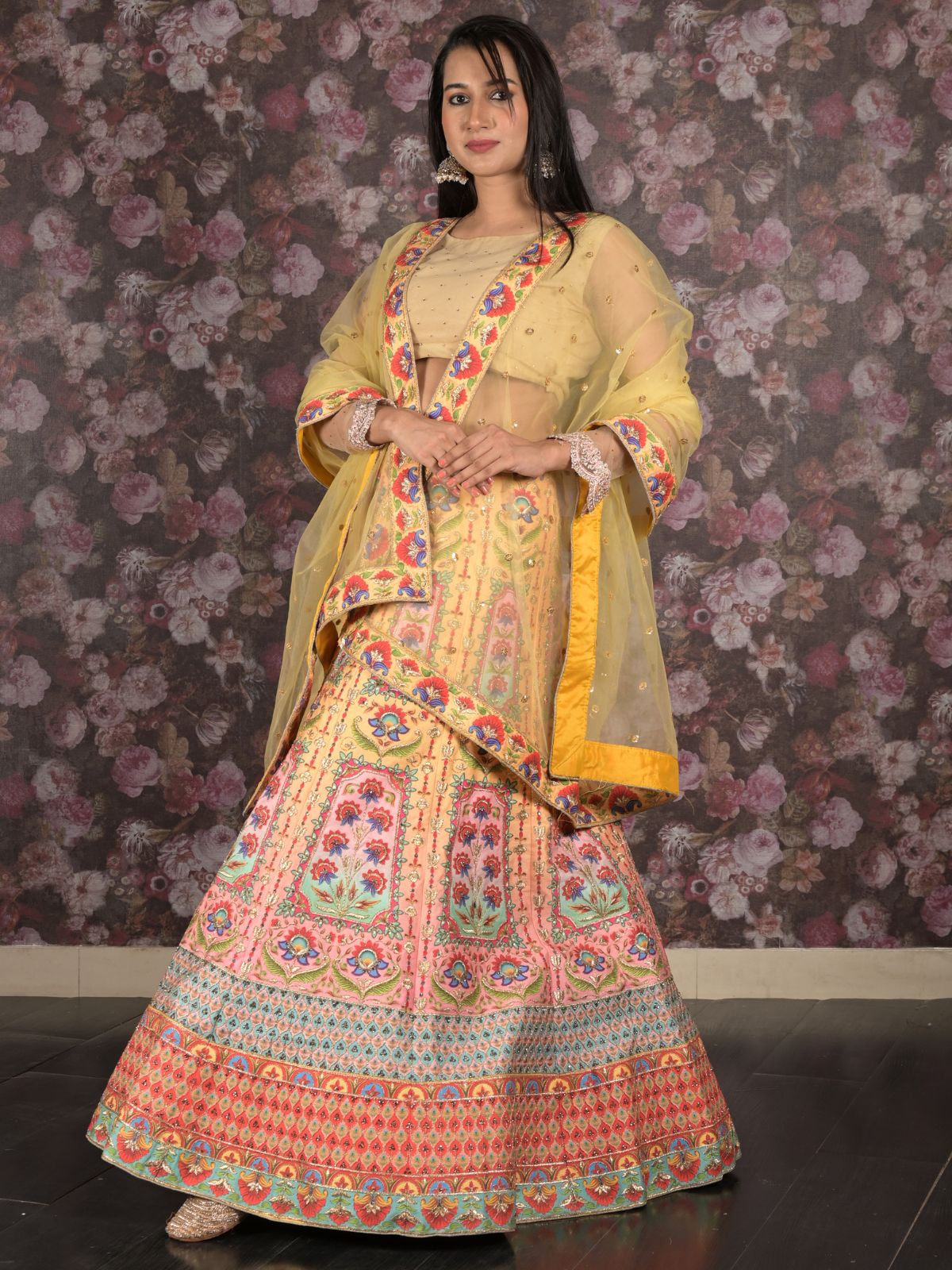 Odette Yellow Heavy Printed Embroidered Silk Blend Semi-Stitched Lehenga with Unstitched Blouse for Women