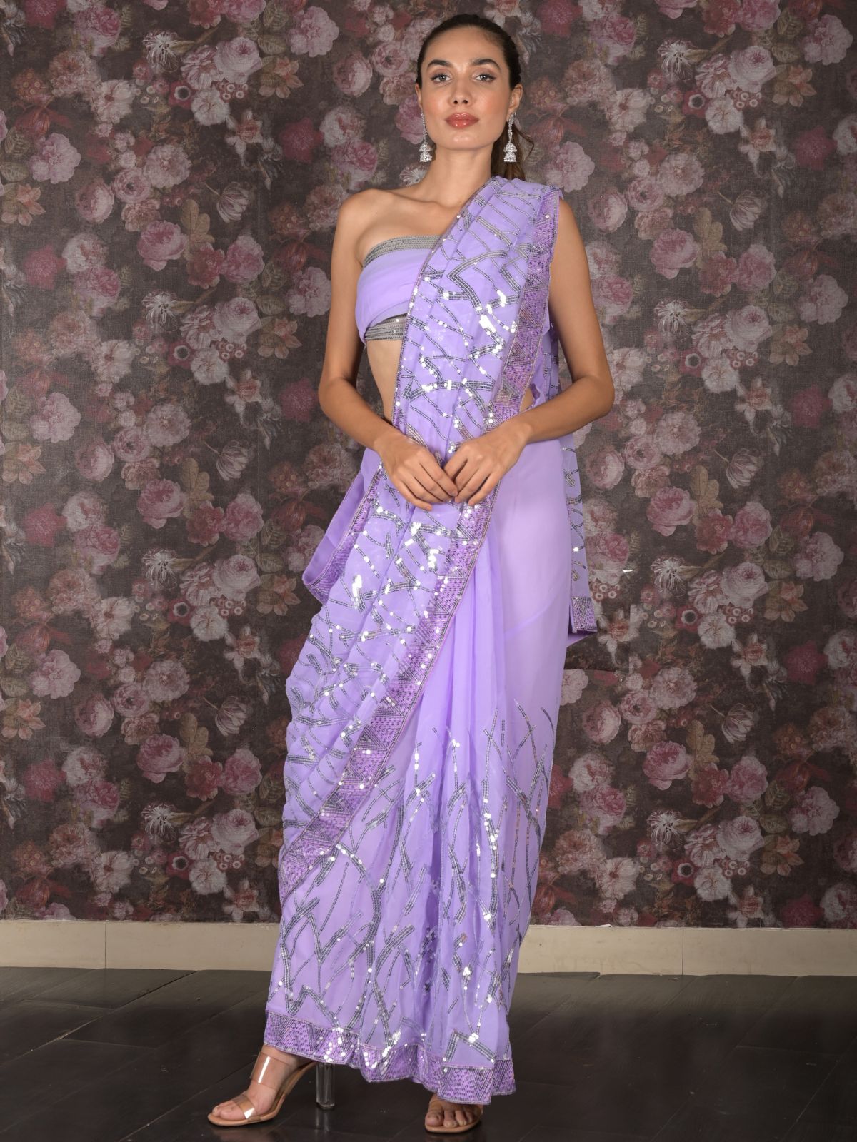 Odette Lavendar Sequins Embroidered Georgette Saree With Unstitched Blouse For Women