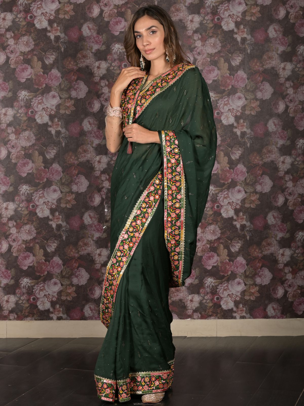 Odette Dark Green Embellished Satin Saree with Unstitched Blouse for Women