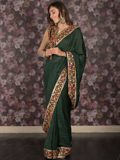 Odette Dark Green Embellished Satin Saree with Unstitched Blouse for Women