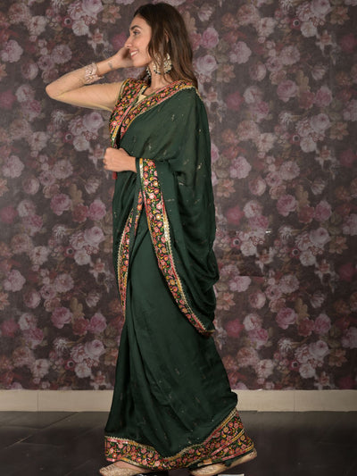 Odette Dark Green Embellished Satin Saree with Unstitched Blouse for Women