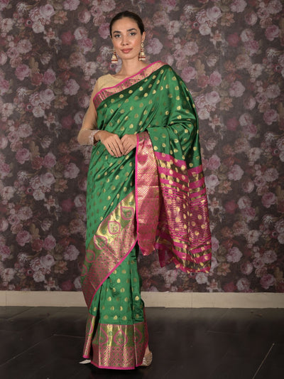 Odette Green Silk Blend Woven Saree with Unstitched Blouse for Women