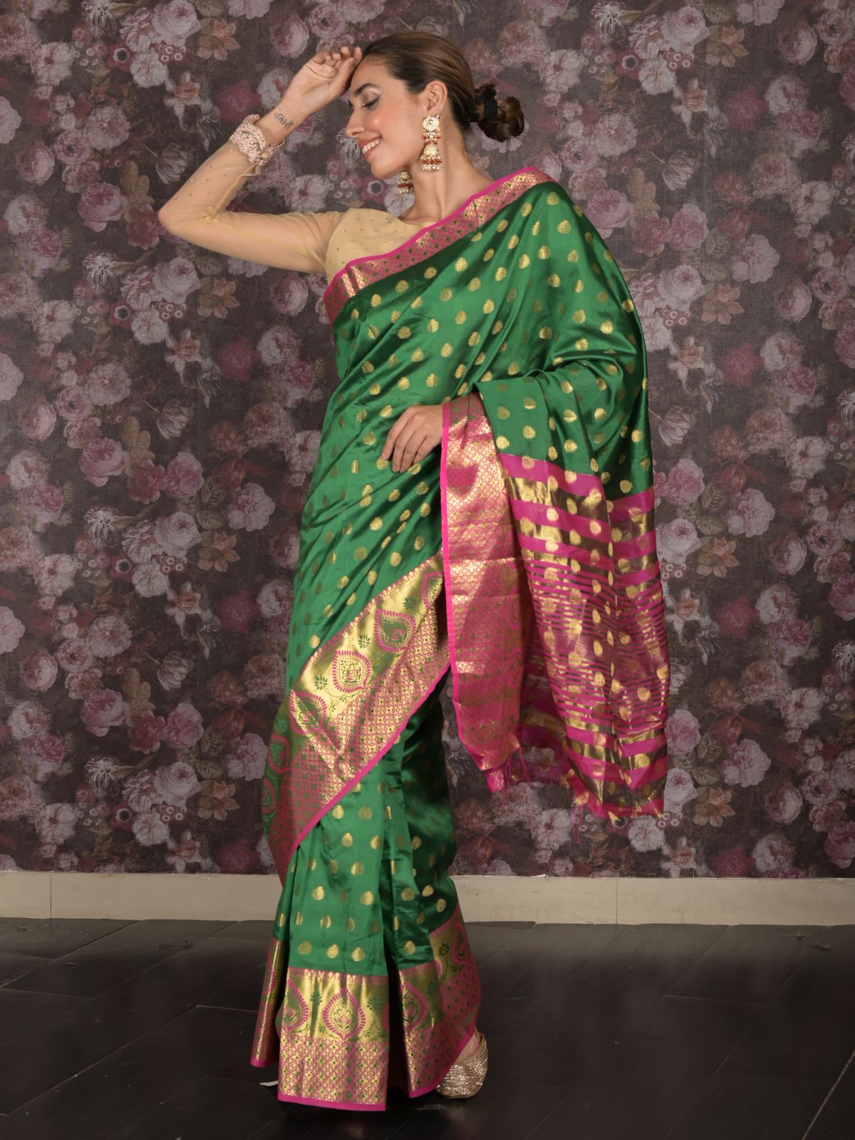 Odette Green Silk Blend Woven Saree with Unstitched Blouse for Women