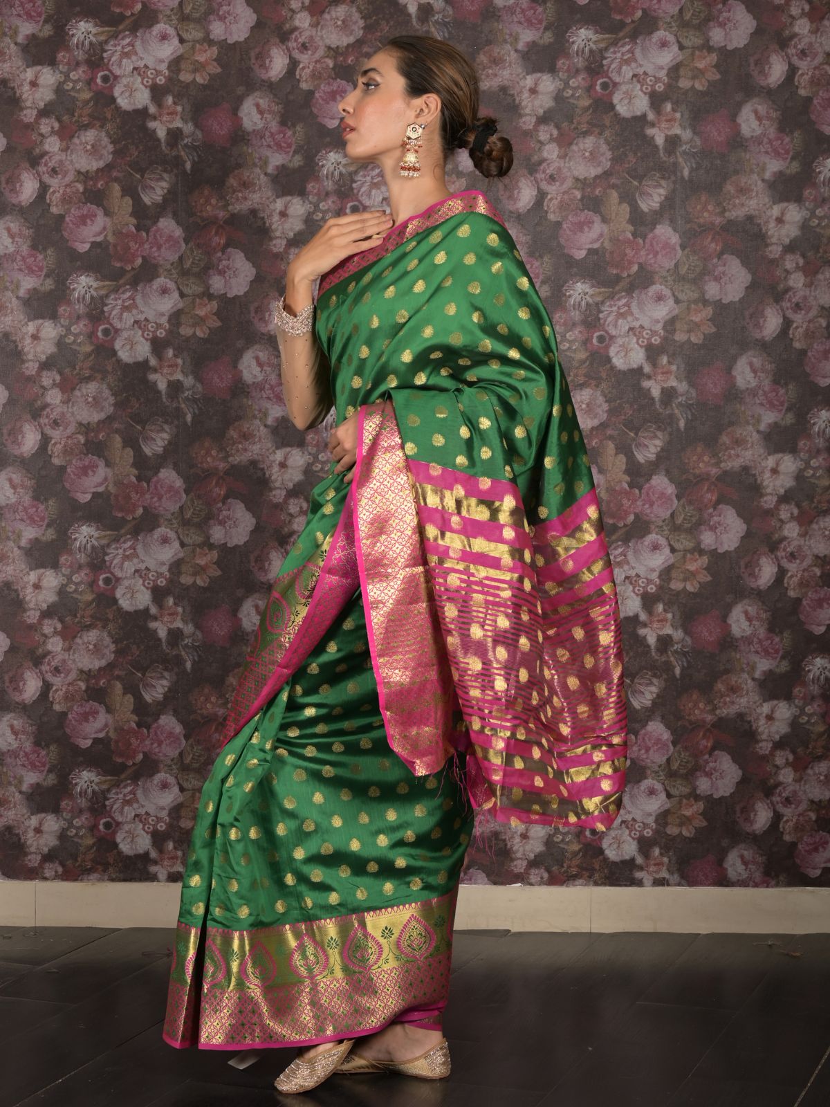 Odette Green Silk Blend Woven Saree with Unstitched Blouse for Women