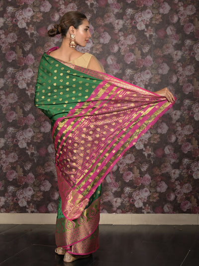 Odette Green Silk Blend Woven Saree with Unstitched Blouse for Women