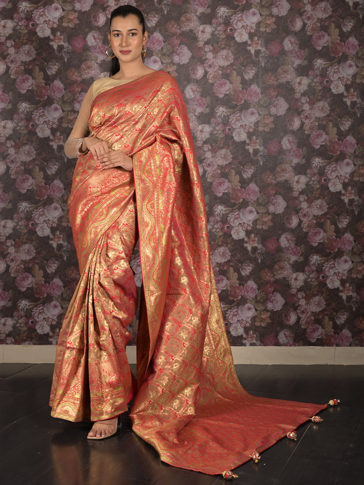 Odette Red Shaded Patola Silk Woven Saree with Unstitched Blouse for Women