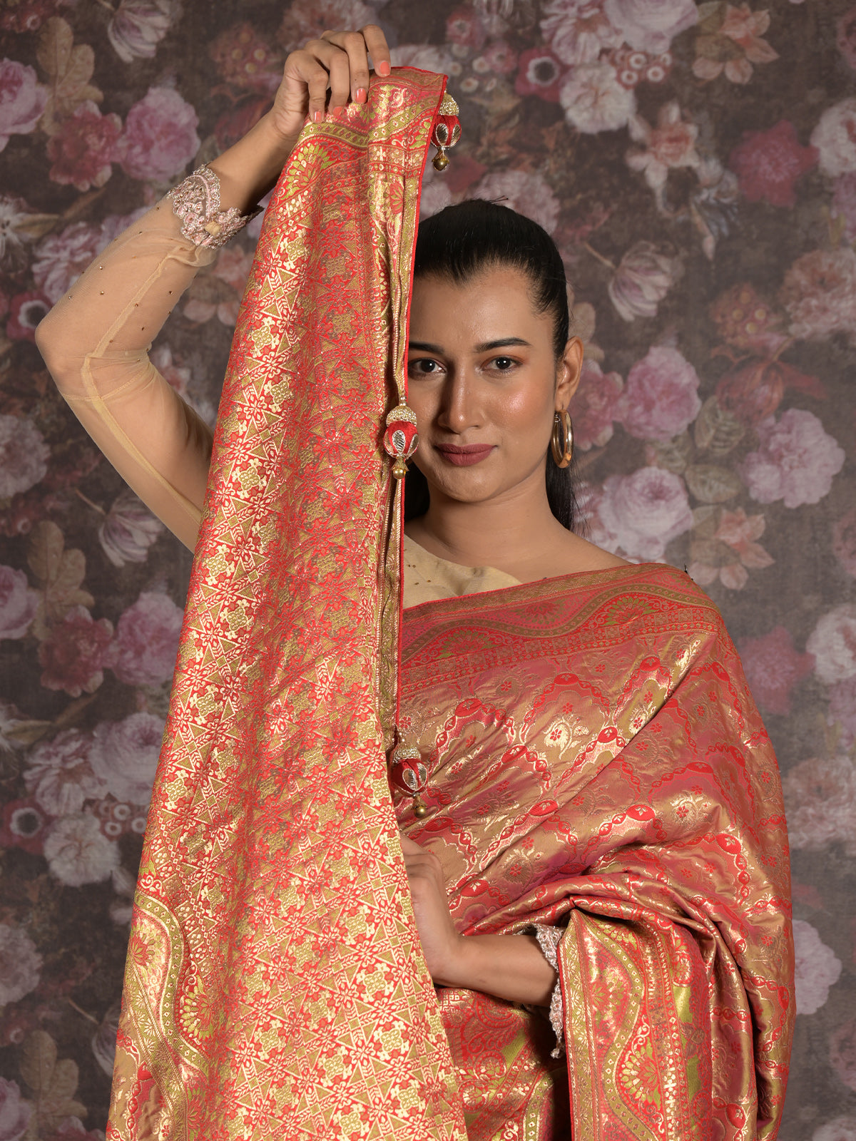 Odette Red Shaded Patola Silk Woven Saree with Unstitched Blouse for Women