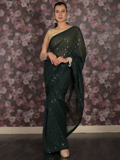 Odette Green Georgette Saree With Unstitched Blouse For Women