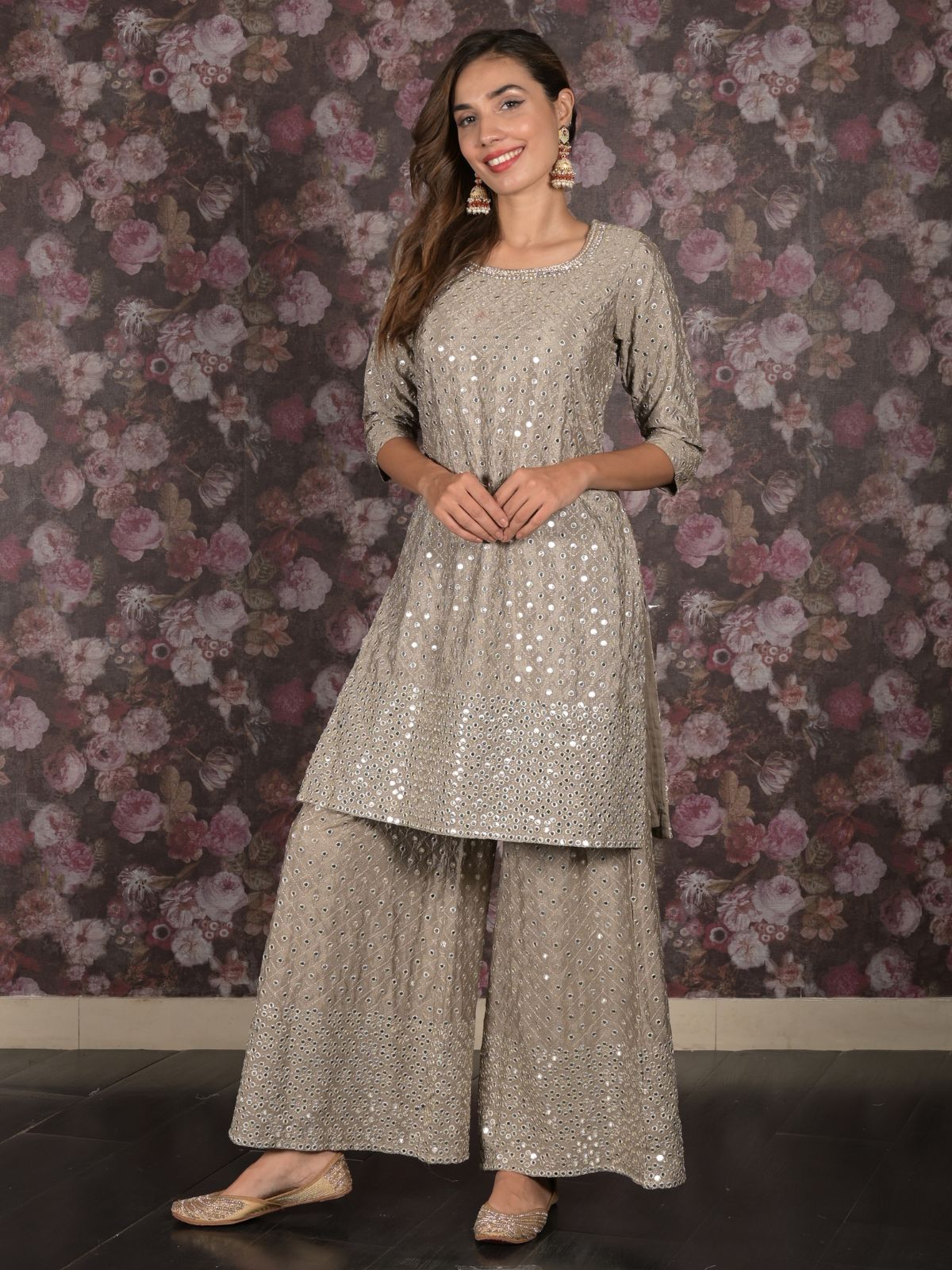 Odette Grey Mirror Embroidered Crepe Stitched Kurta Set For Women