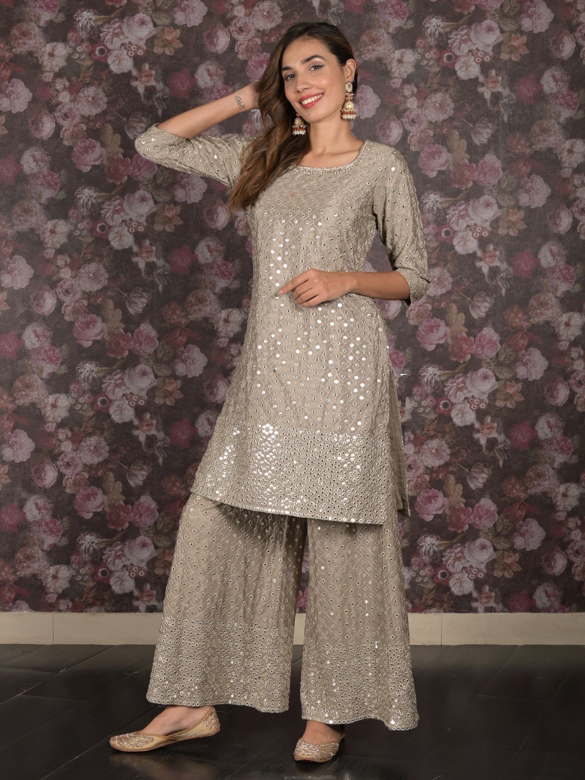 Odette Grey Mirror Embroidered Crepe Stitched Kurta Set For Women