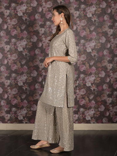 Odette Grey Mirror Embroidered Crepe Stitched Kurta Set For Women