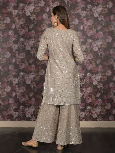 Odette Grey Mirror Embroidered Crepe Stitched Kurta Set For Women