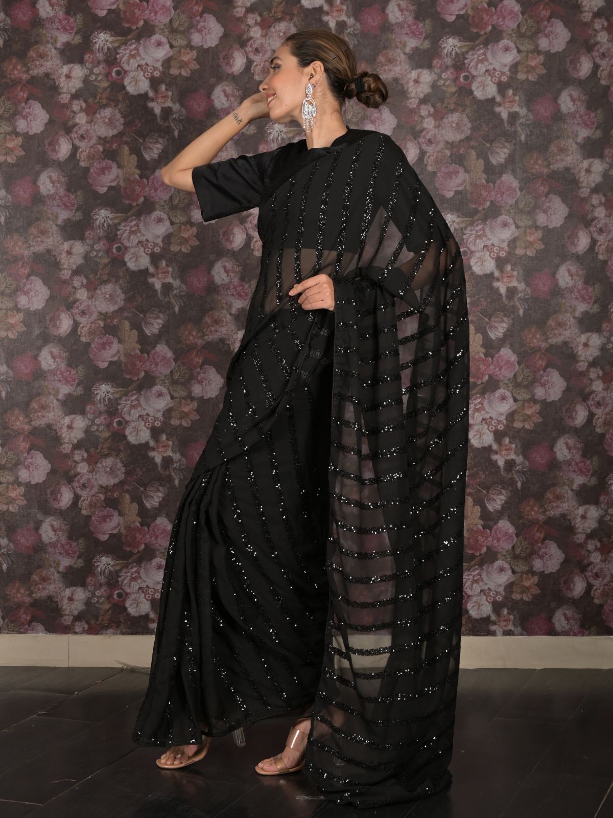 Odette Black Sequins Embroidered Georgette Saree for Women