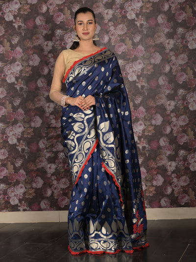 Odette Dark Blue Woven Silk Blend Saree With Unstitched Blouse For Women