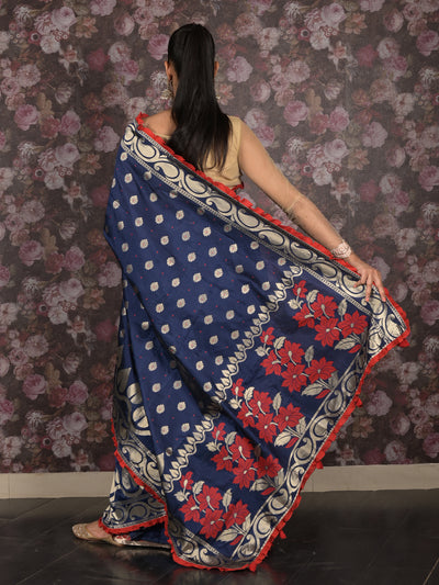 Odette Dark Blue Woven Silk Blend Saree With Unstitched Blouse For Women