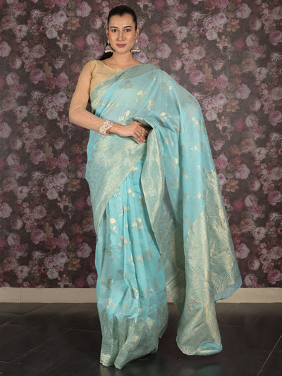 Odette Light Blue Woven Silk Blend Saree With Unstitched Blouse For Women