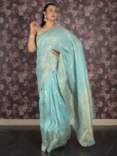 Odette Light Blue Woven Silk Blend Saree With Unstitched Blouse For Women